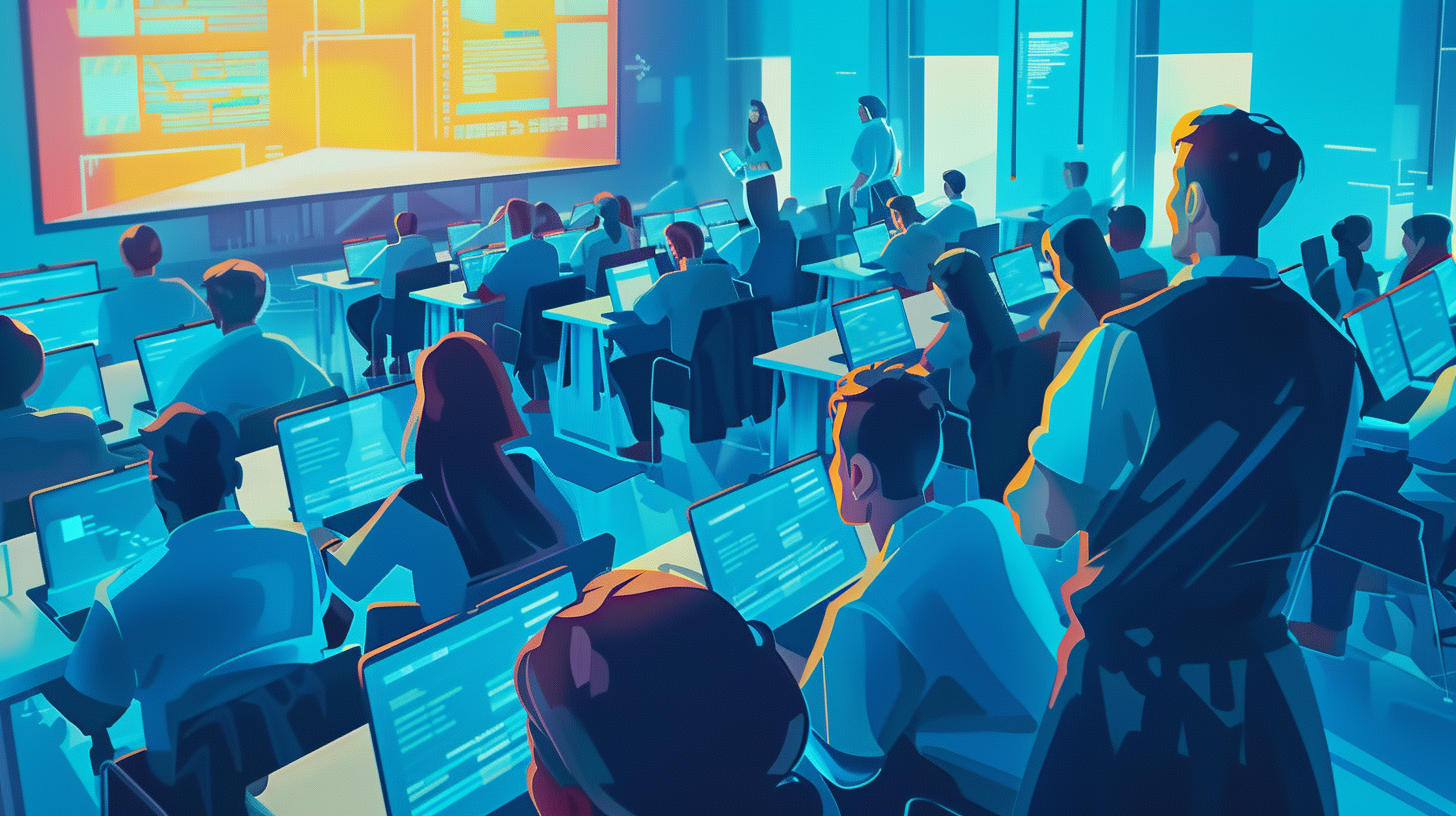 /imagine prompt: A professional illustration showing the increased demand for corporate AI training due to the rise of generative AI. The image includes a packed training session with employees at desks, learning about AI through digital screens and interactive tools. The setting is modern and sleek, emphasizing the importance of AI education in the corporate world. High-resolution digital painting, photorealistic detail, dynamic lighting, clean and professional look, HD quality, natural look --ar 16:9 --v 6.0